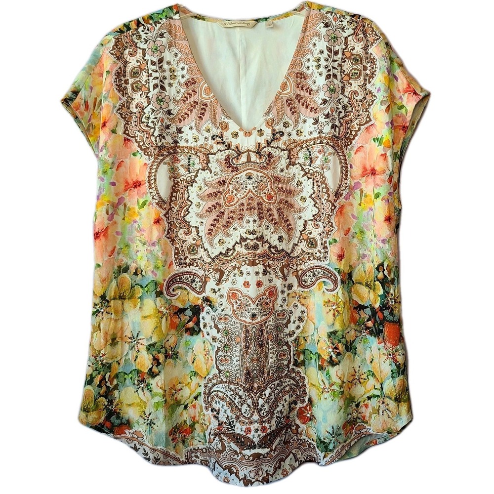 Soft Surroundings Floral Tunic Boho Beaded Embellished Top Sz M